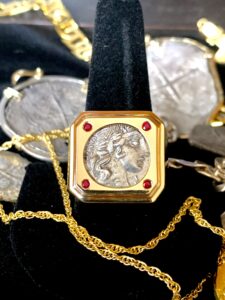 Ancient Roman Denarius in 14K Gold Ring with Rubies