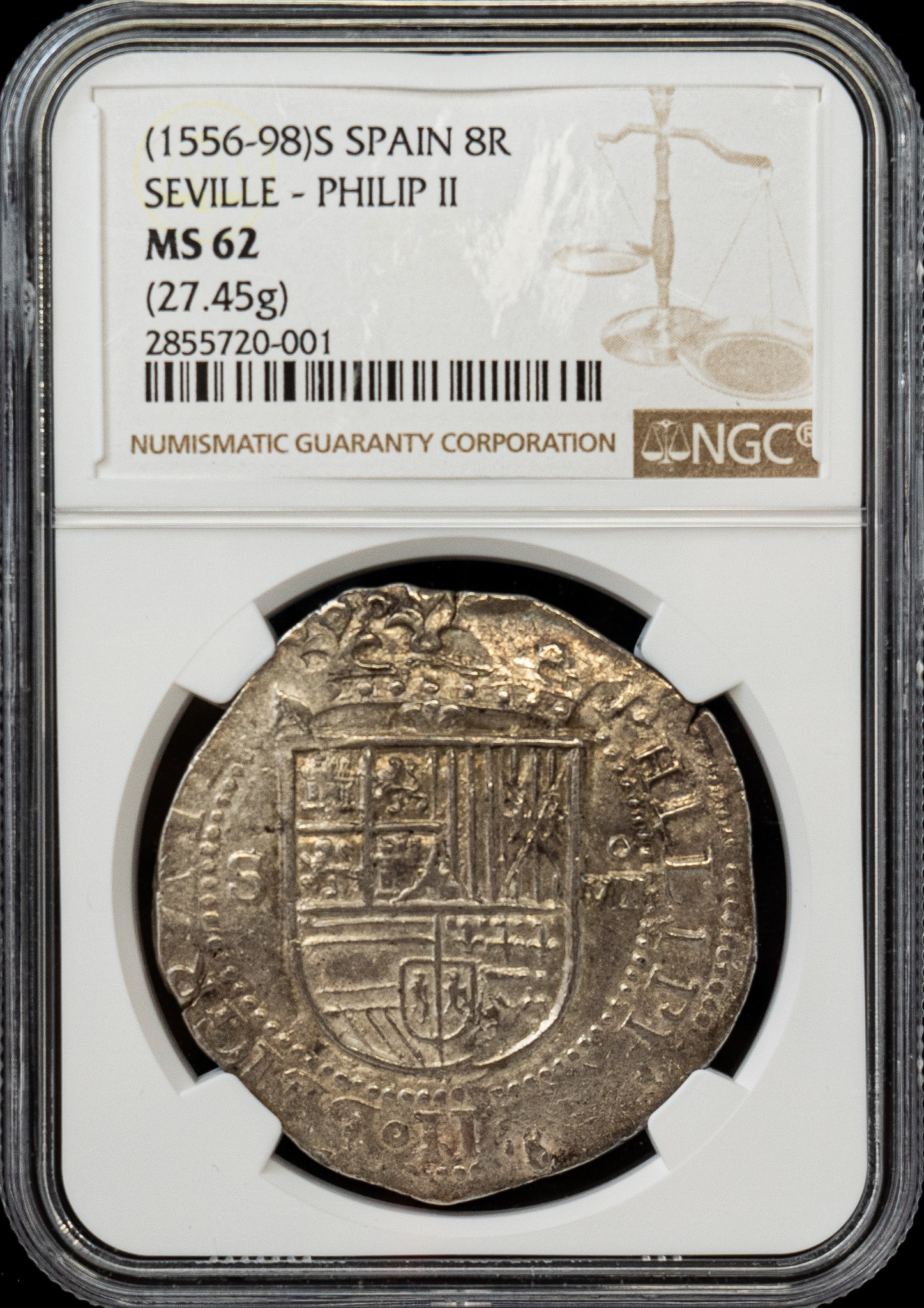 1556-1598 Seville Spain 8 Reales NGC MS-62 Second Finest Known