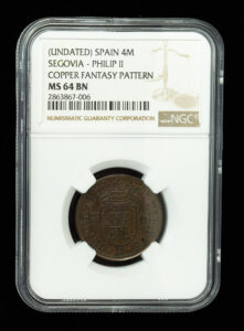 Spain Copper Fantasy Pattern Coin NGC MS64 BN