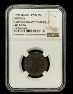 1691 Spain Copper Fantasy Pattern Coin NGC MS65 BN