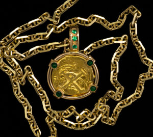 Colombian 2 Escudos pendant set in 18K Gold with emeralds