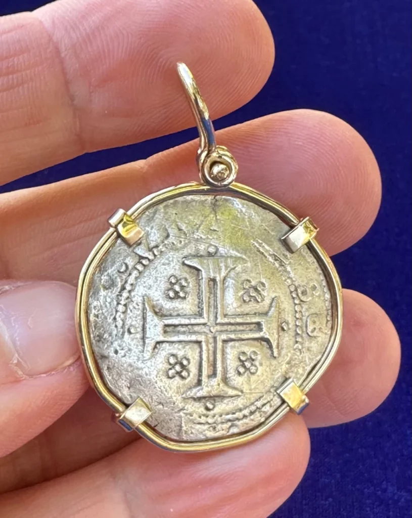 Silver Portuguese 100 REIS "TOSTAO" set in a custom hand made 14K GOLD pendent.