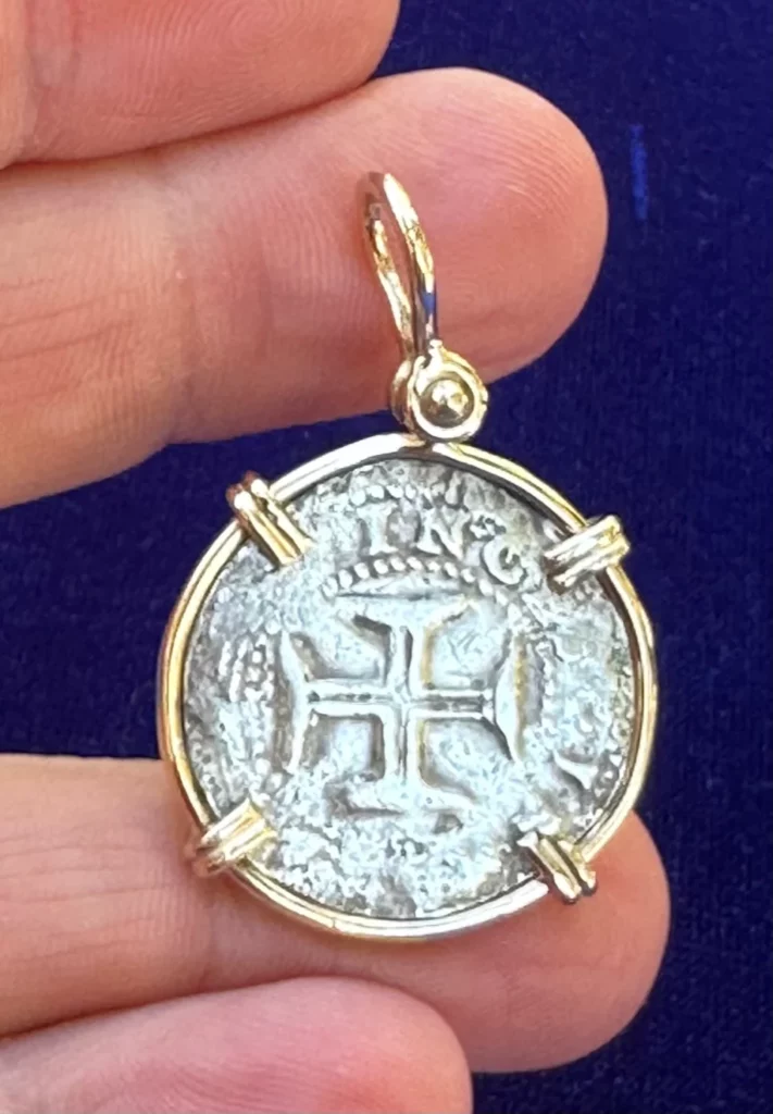 Silver Portuguese 100 REIS pendant in 14K gold
