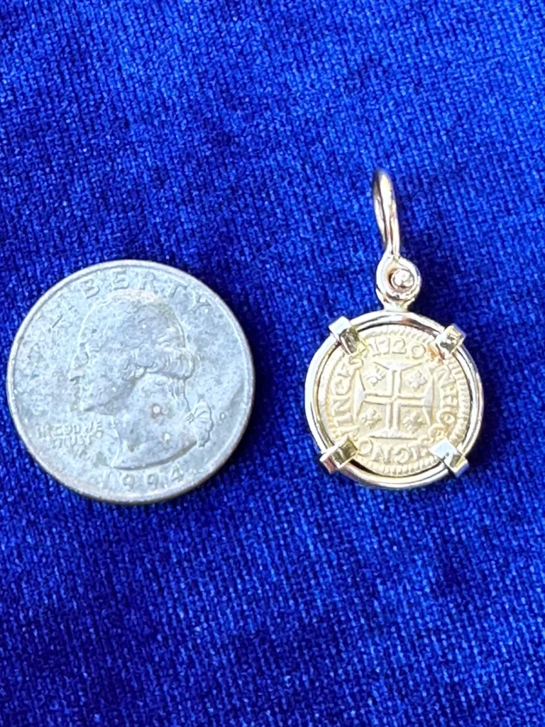 GOLD 400 REIS DATED 1720 set in a custom hand made 14K GOLD pendent.