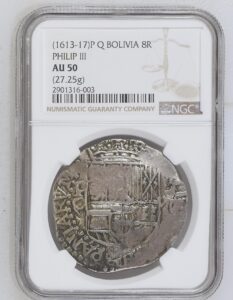 1613-17 Potosi 8 Reales Cob NGC AU 50 Pirate Era Coin!
