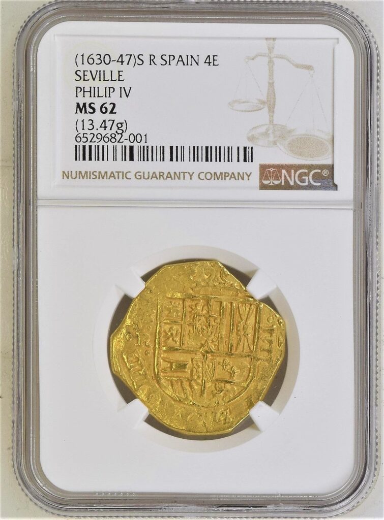 1630-47 Seville 4 Escudos partial date gold cob treasure