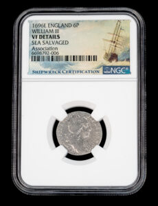 Rare 1696 E Six Pence from the HMS Association Shipwreck