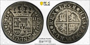 1758 Spain 2 Reales PCGS F Details