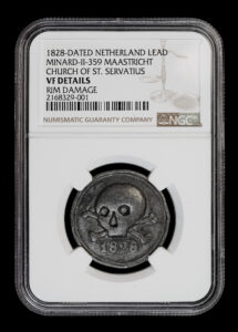 1828 Minard-II-359 Variety, St. Servatius’s Church Lead Funeral Token memento mori skull