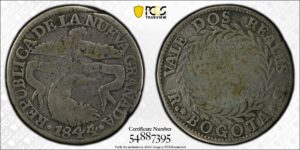 1844/3 Colombia 2 Reales PCGS F12