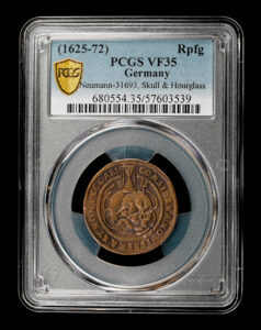 1625-72 Copper Rechenpfennig Skull Token PCGS VF35