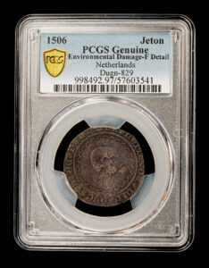 1506 Copper Jeton Skull Token PCGS F Details - Rare!