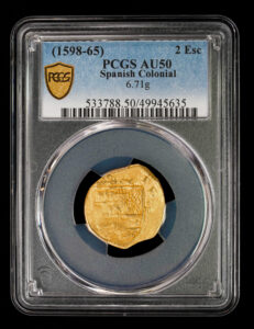 1598-65 Spain 2 escudos pcgs AU50 treasure