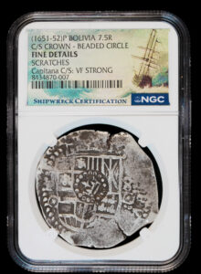 1651-52 Potosi 7.5 Reales "Crown L" NGC Fine Details - Capitana Shipwreck