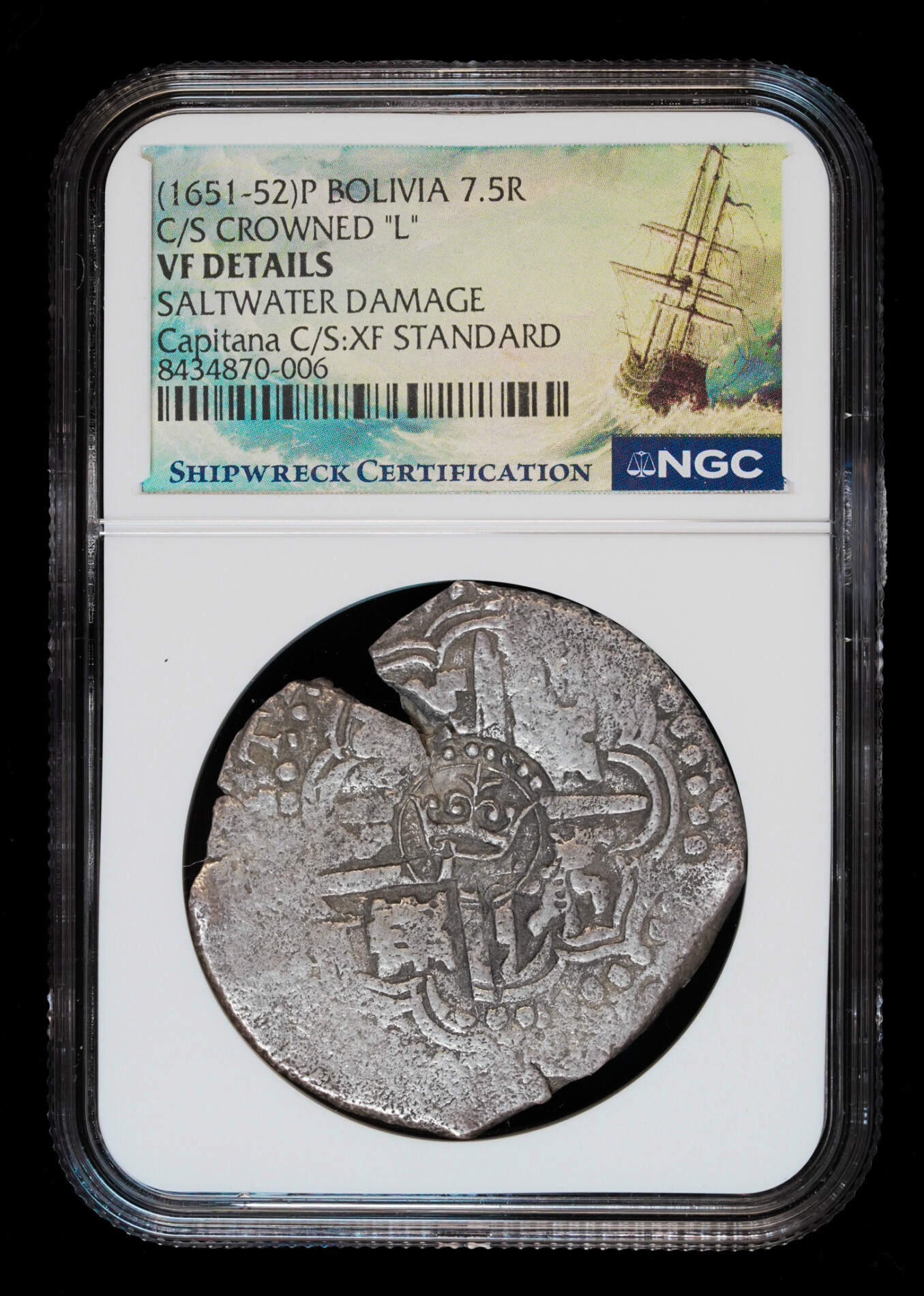 1651-52 Potosi 7.5 Reales “Crown L” NGC VF Details – Capitana Shipwreck