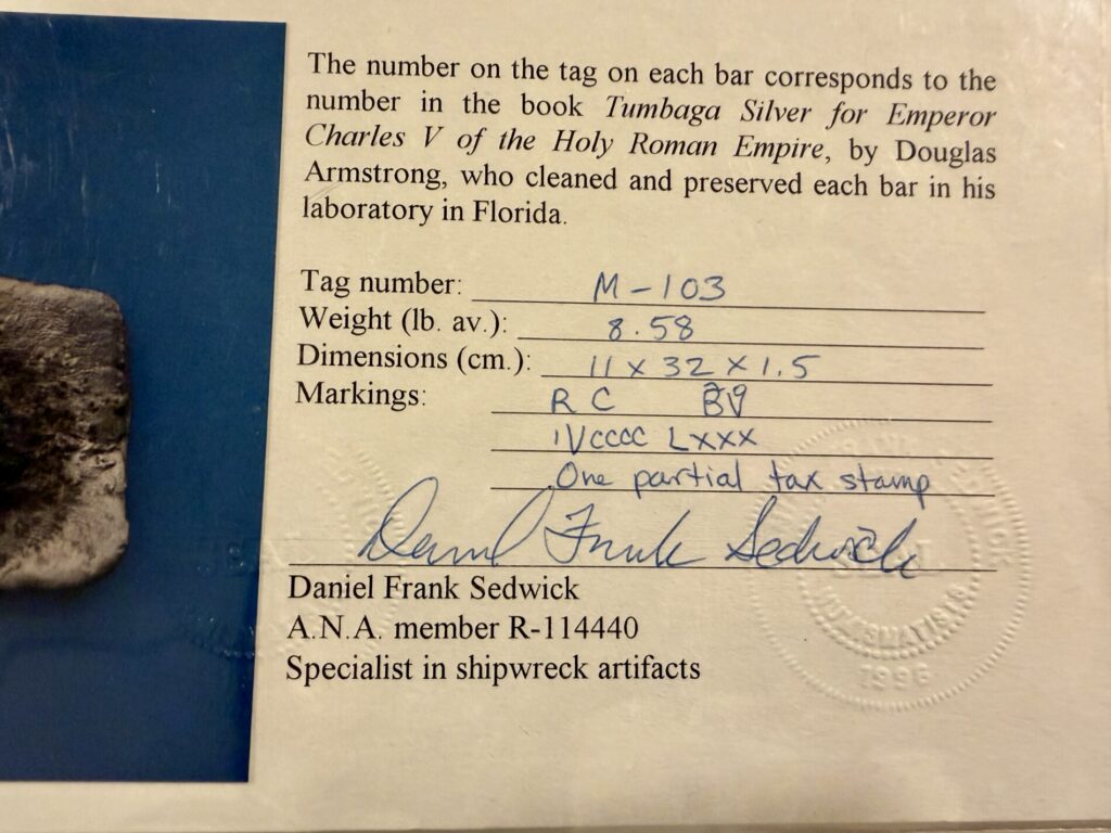 1525 Tumbaga Shipwreck Silver Bar with COA