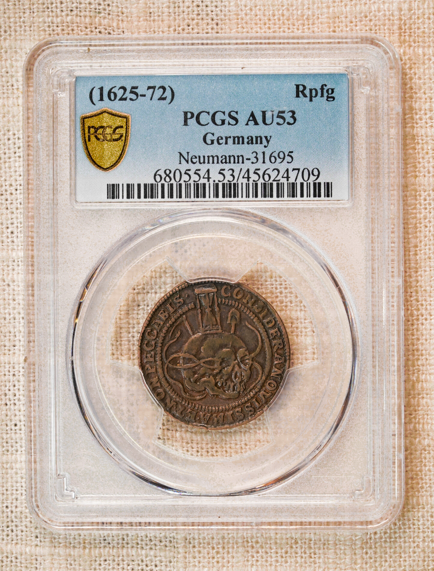 1625-72 Copper Rechenpfennig Skull Token PCGS AU53 – Finest Known