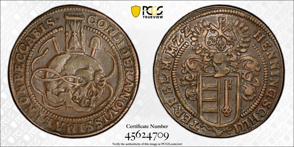1625-72 Copper Rechenpfennig Skull Token PCGS AU53 - Finest Known